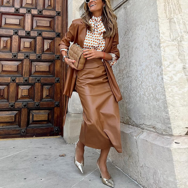 Fashion Two Piece Set Women Bow Design Print Long Sleeve Blouse High Waist PU Skirt Suit Female Office Outfits