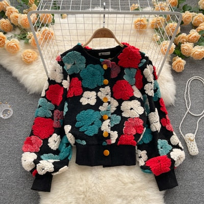 Gaganight Three dimensional Flower Long Sleeved Jacket Autumn Winter Color Contrast Retro All Match Loose Female Coat