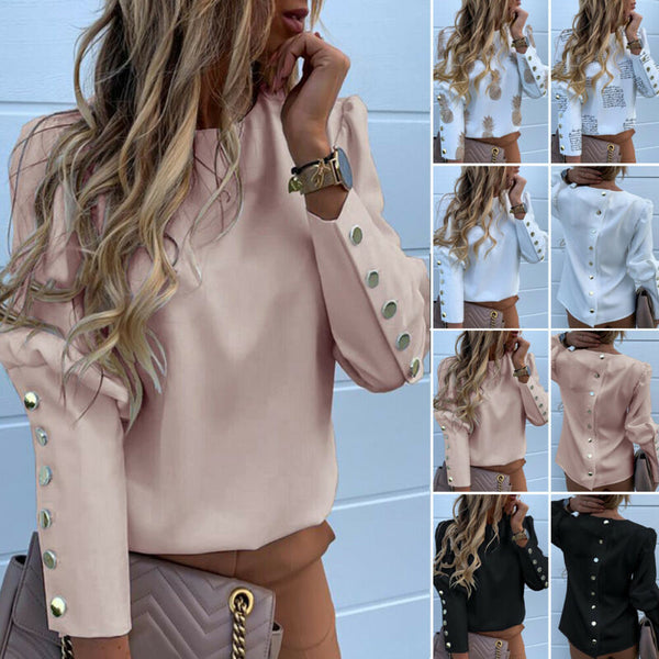 Fashion Women Metal Button Long Sleeve Shirts Ladies Casual O-Neck Solid Print Blouses Fall European Clothes