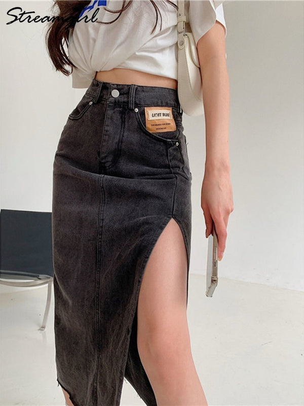 Streamgirl Maxi Jeans Skirt Denim Long Skirts Summer Vintage Maxi Skirt Side Split Denim Skirt Women Long