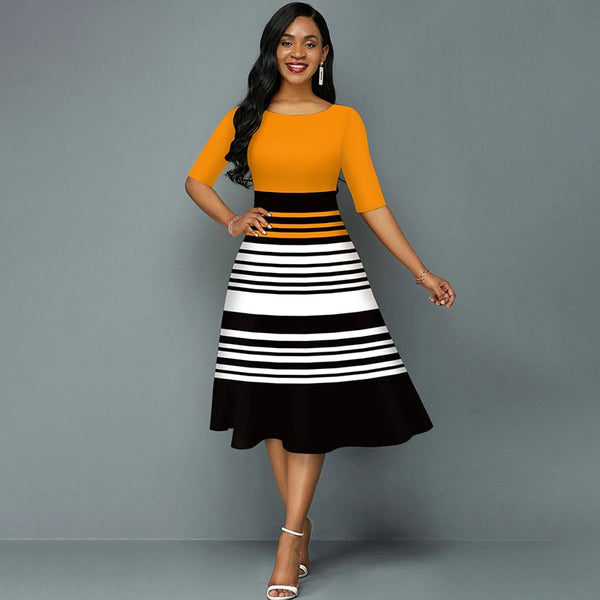 O-Neck Half Sleeve 3D Stripe Printing Half Sleeve Office Lady Elegant Dresses for Women Summer Elastic Waist Women's Clothing