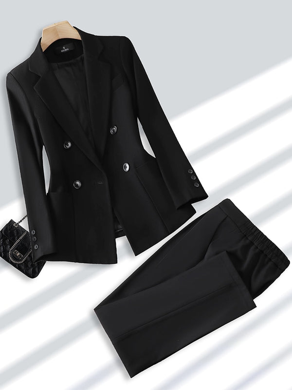 Fashion Ladies Pant Suit Formal Women Office Business Work Wear Blazer And Trouser Beige Black Khaki 2 Piece Set With Pocket