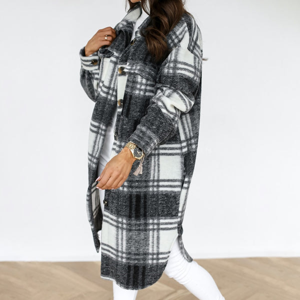Plaid Long winter Coat Woolen Blend Printed Overcoat Streetwear
