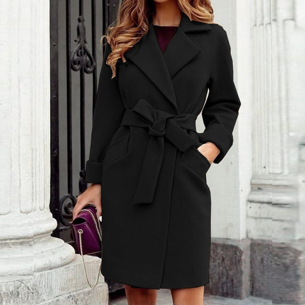 Winter Casual Office Pockets Trench Cardigan Jacket Female Fashion Solid Woolen Coats Elegant Turn-down Collar Lace-up Outerwear