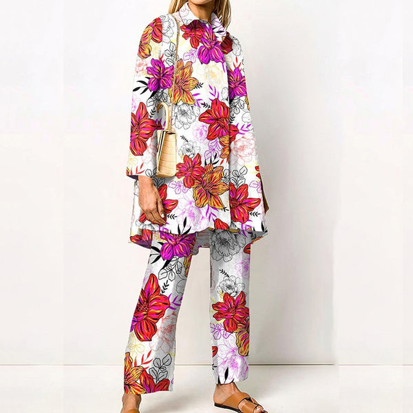 Women Vintage Abstract Print Casual Outfit Sexy Lapel Collar Button Blouses & Long Pants Suit Spring Autumn Loose Two-piece Set