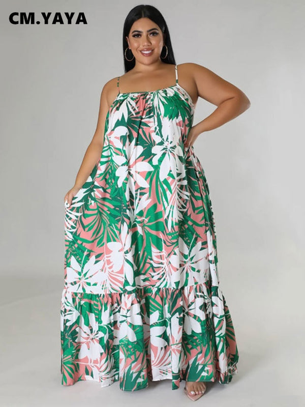 CM.YAYA Women Plus Size Autumn Spaghetti Strap Ruffles Hem Loose Maxi Long Floral Leaf Print Dresses Fashion Party Slim Dress