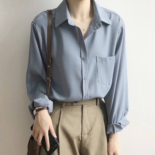 Loose White Shirts for Women Top Turn-down Collar Solid Female Shirts Casual Office Ladies Tops Spring Summer Blouses 11354