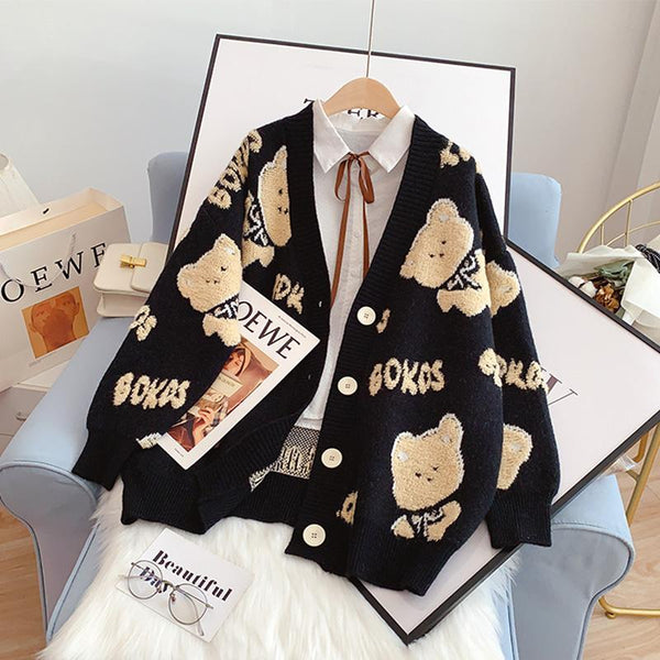 Casual Cardigans Women Japanese Cartoon Embroidery Winter Design Sense Niche Sweet Cool Loose Knit Sweater y2k clothes