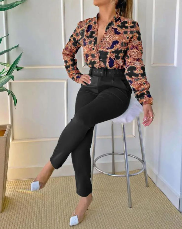 Elegant Two Piece Sets Womens Outifits Vintage Officee Lady Baroque Print Button Long Sleeve Top & Work Pants Set With Belt