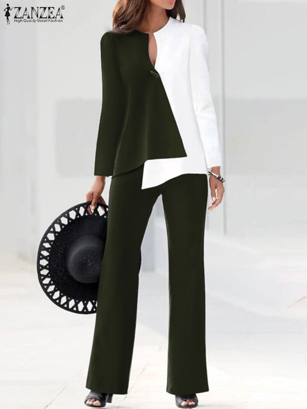 Women Patchwork Blouse Pant Sets Fashion Two Piece Sets Urban Tracksuit Outifits ZANZEA Elegant Asymmetrical Top Pantalon Turnip