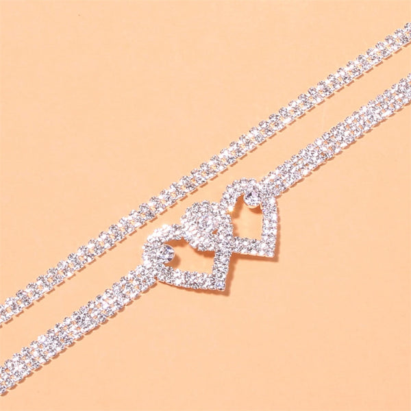 Ins Silver Rhinestone Double Heart Anklets for Women Bling Hollow Out Love Foot Chain Luxury Anklet