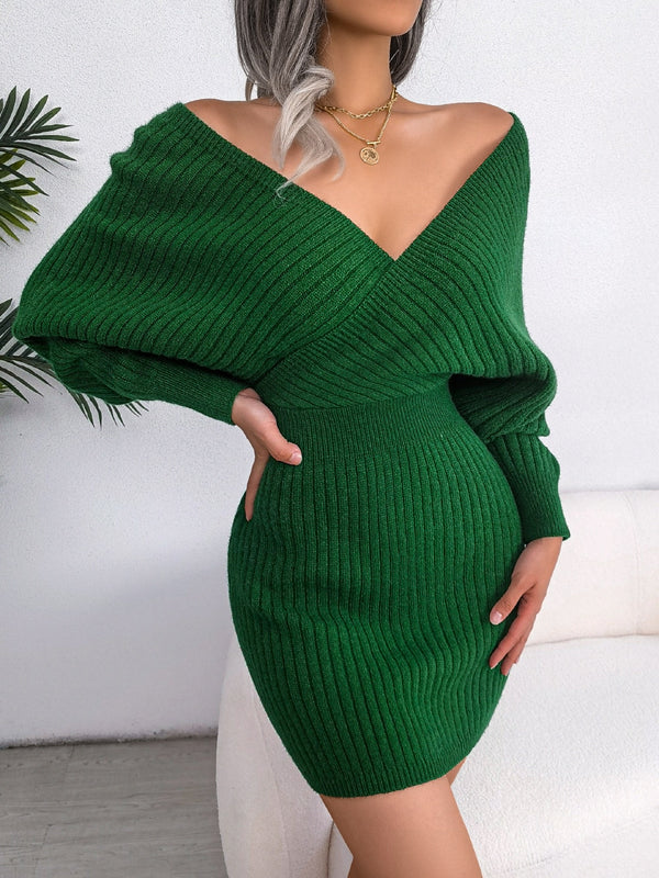 Sweater Dresses For Women Casual Deep V Neck Mini Sexy Bodycon Dress Batwing Long Sleeve Knitted Winter Dresses Clothes