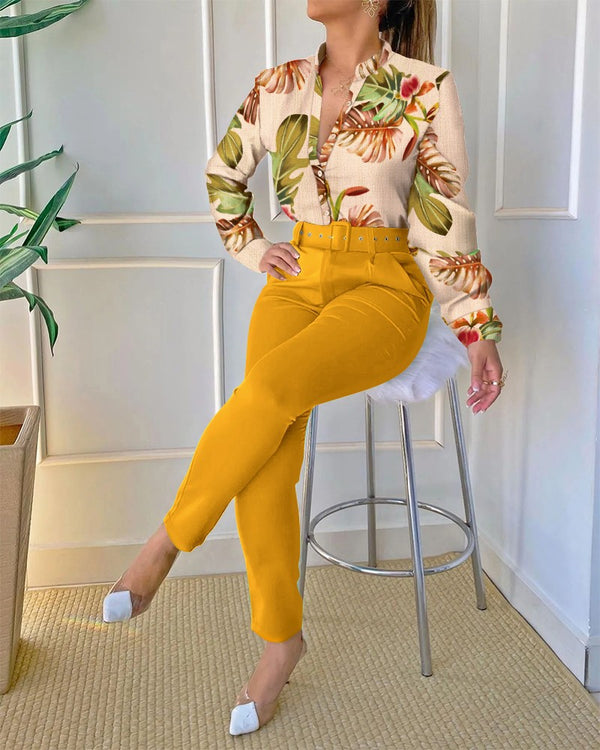 Elegant Two Piece Sets Womens Outifits Vintage Officee Lady Baroque Print Button Long Sleeve Top & Work Pants Set With Belt