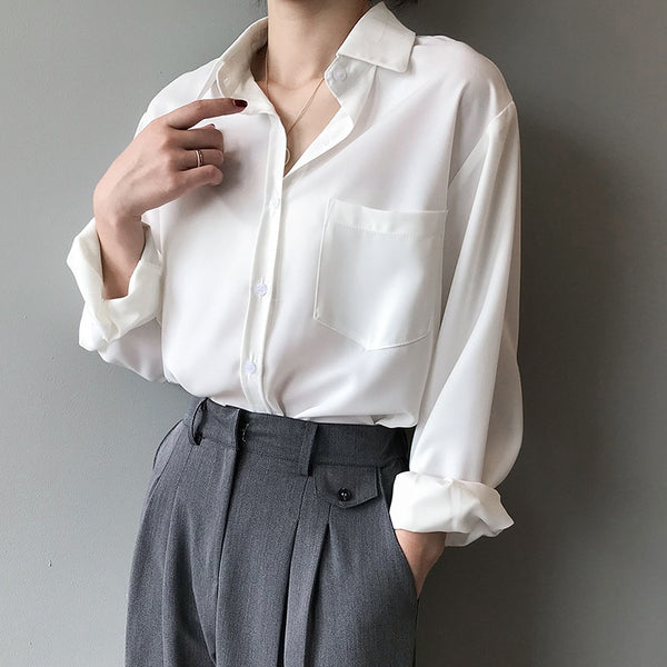 Loose White Shirts for Women Top Turn-down Collar Solid Female Shirts Casual Office Ladies Tops Spring Summer Blouses 11354