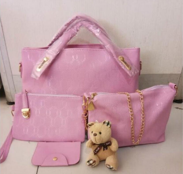 4PCS/Set Ladies Fashionable PU Leather Shoulder Bag Handbag Satchel Clutch Coin Purse Casual Bear Pendant Messenger Tote Bag