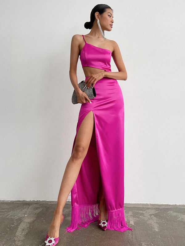 Satin Silk Cut-Out Spaghetti Strap Tassels Maxi Dress Elegant High Waist Hollow Out Dress