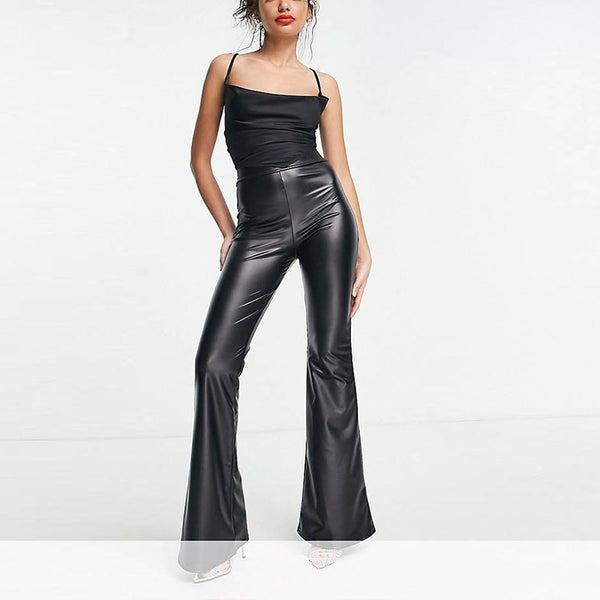 Women Slim Black Matte Leather Flare Pants High Waist Casual PU Faux Leather Wide Leg Boot Cut Trousers Bodycon Clothing Custom
