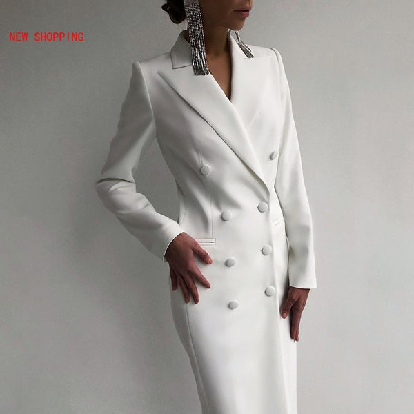 White Elegant Double Breasted Sashes Women Suit Dress Autumn Simple Office Lapel Mid Long Sleeve Slim Waist Female Dress