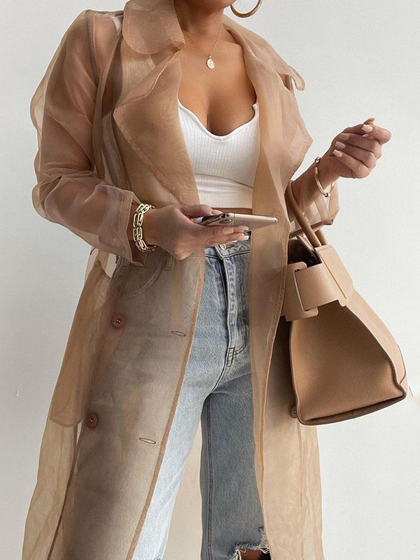 Women Fashion See Through Outdoor Tops Lace Up Spring Solid Sheer Mesh Long Sleeve Buttoned Coat With Belt Elegant Shirts