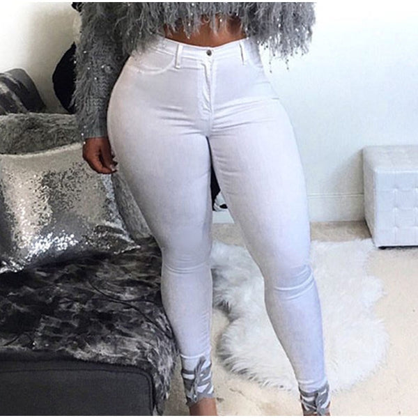 Plus Size High Waist Stretchy Skinny White Basic Casual Jeans Distressed Bodycon Pencil Denim Pants Lady Indie Trousers Jean