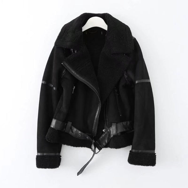 autumn new European and American style women's loose lamb wool stitching retro all-match warm motorcycle jacket