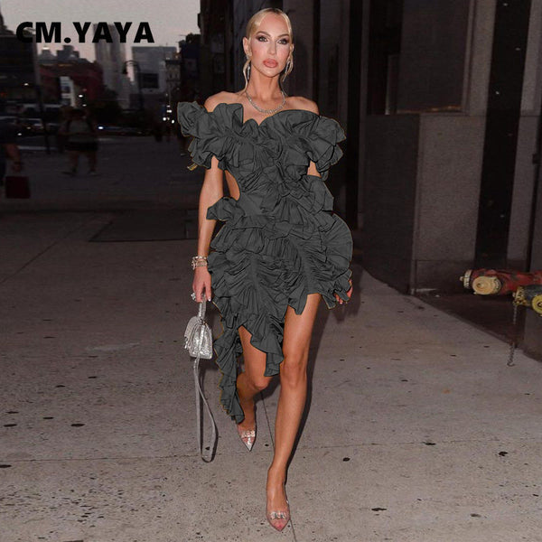 CM.YAYA Tree Fungus Tiered High Low Asymmetrical Ball Gown Dress Sexy Club Party Evening Dress