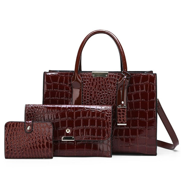 Women Fashion Pantent Leather 3 Sets Messenger Bags Crocodile Female Crossbody Shoulder Handbags for Ladies High Quality Sack