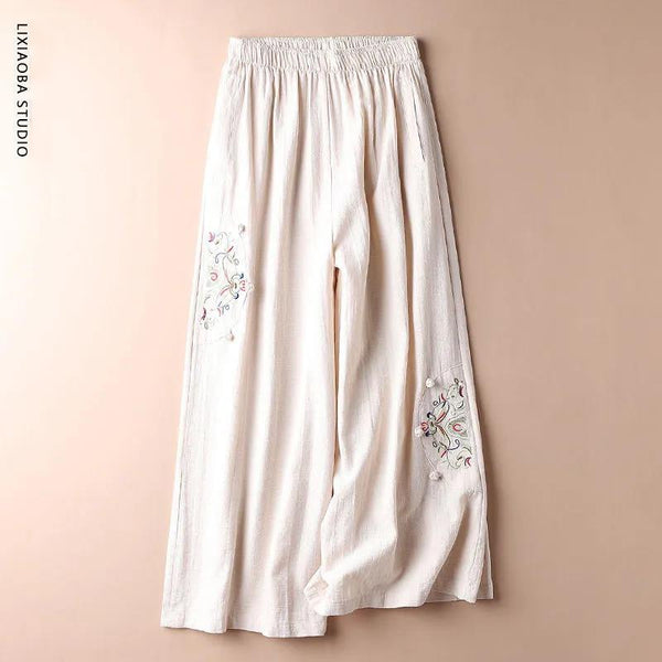 Cotton and linen casual pants women's plus size summer fashion retro embroidery thin section straight wide leg nine-point pants