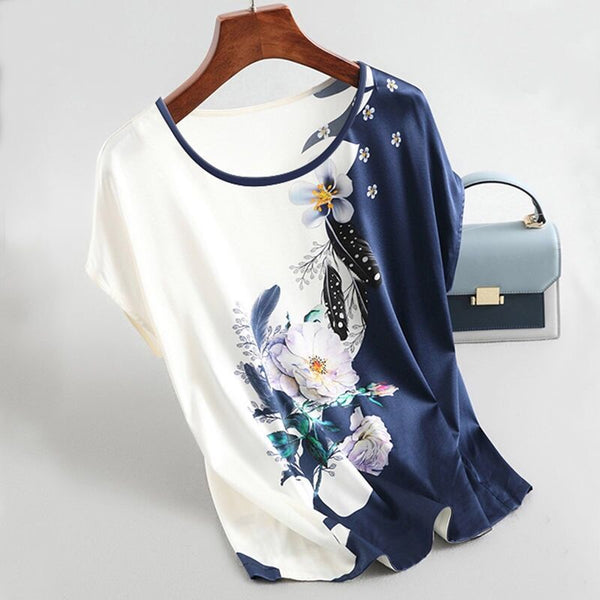 Fashion Floral Print Blouse Pullover Ladies Silk Satin Blouses Plus Size Batwing Sleeve Vintage Print Casual Short Sleeve Tops