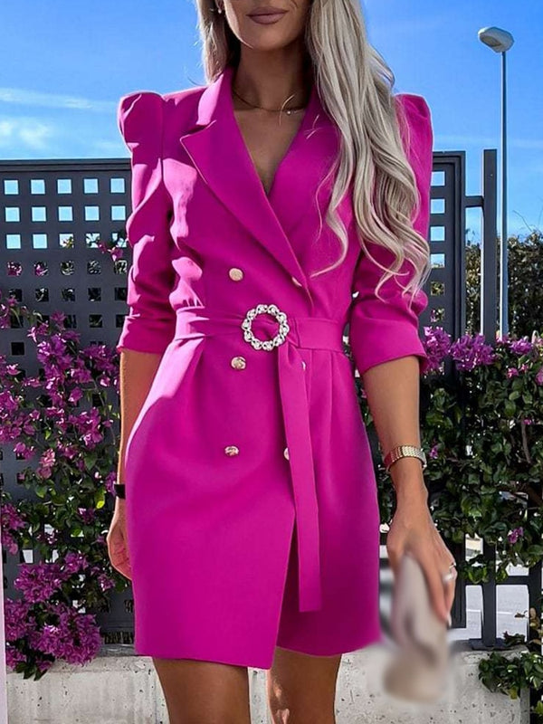 Sexy Chic Long Sleeve A-Line Coat Dress Women Solid Office Commuter Slim Mini Dress Elegant Lapel Double Breasted Lace-Up Dress