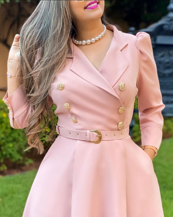 Puff Sleeve Double Breasted Belted Blazer Dress elegant high-quality A-Line Midi Plain