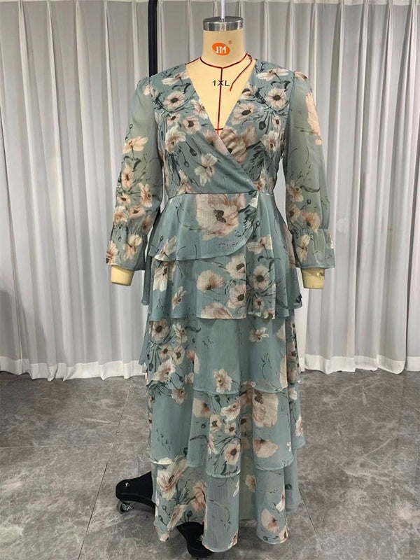 TOLEEN Plus Size Maxi Dress Spring Green Casual Chic Elegant Long Sleeve Floral Party Evening Female Clothing