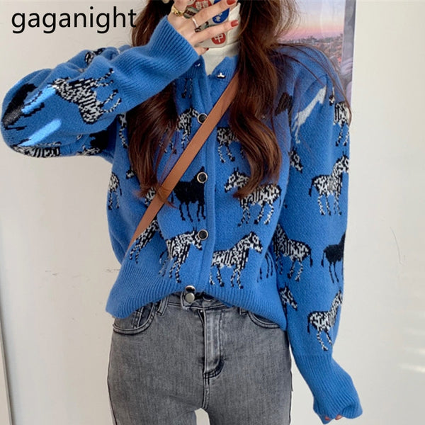 Gaganight Loose Knitted Cardigan Women Sweater Animal Print Top Long Sleeved  Autumn Winter Cute O Neck Zebra Jacquard Cardigans