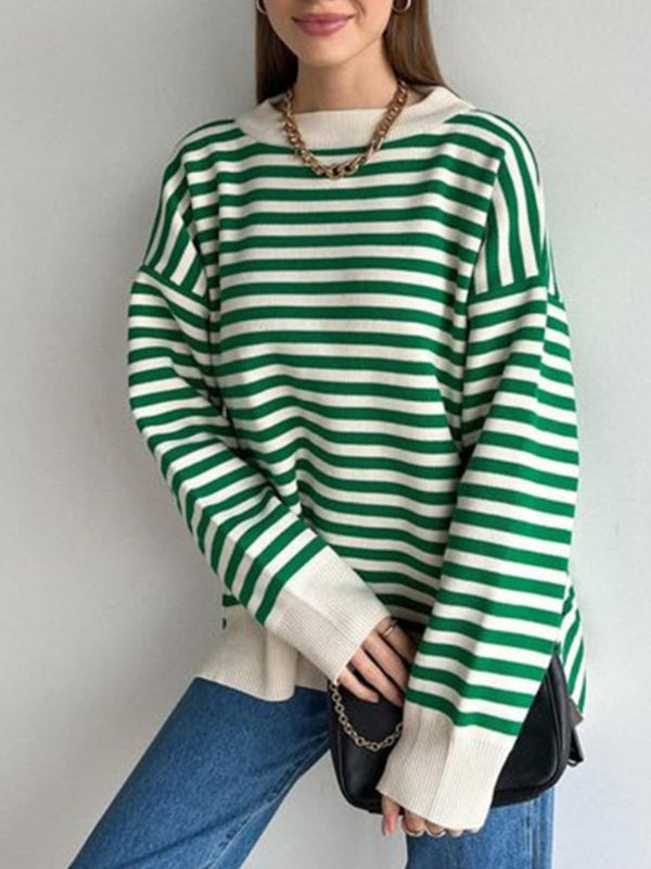 Women's O Neck Striped Sweater Pullovers Drop Shoulder Kintting Tops Casual Loose Long Sleeves Jumpers Autumn Winter For Female
