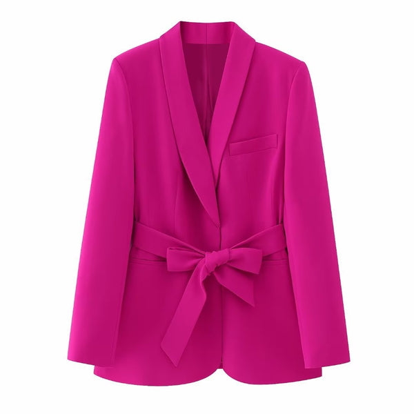 Fashion With Belt Blazer Coats For Spring Casual Long Sleeve Rose Red Blazer Lady Lace Up Chic Outerwear