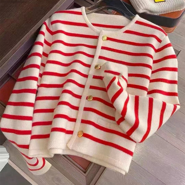 Striped Cotton Knitted Tops Women's Autumn Soft Sweater Cardigan Loose Elegant Ladies Vintage Fashion Aesthetic Clothes Y2k