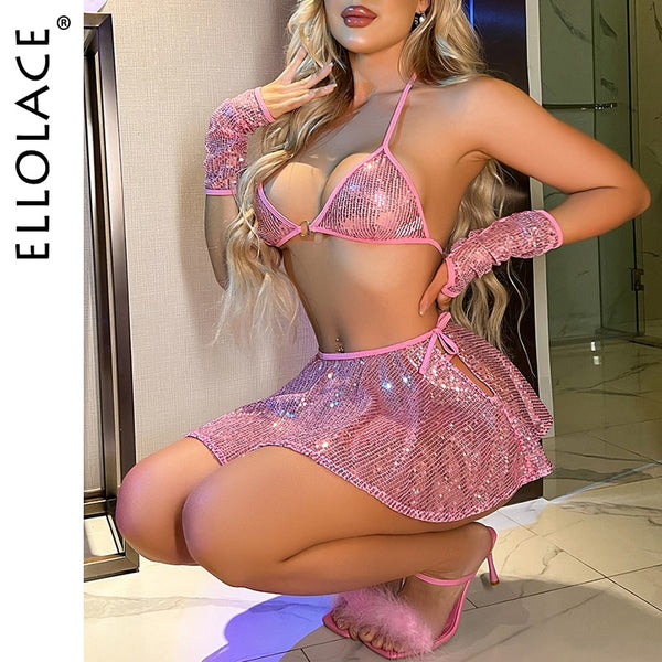 Ellolace Sequined Nightclub Lingerie 4-Pieces Exotic Girls Sex Sweets Sexy Skirt With Cuff Glow In The Dark Bra And Thong Set