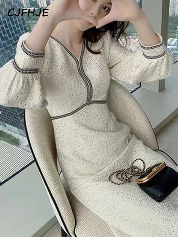 Party Temperament Slim Tweed Long Sleeved Woman Dress Vintage Sequins V-Neck Woolen Maxi Dresses for Women Vestidos Winter