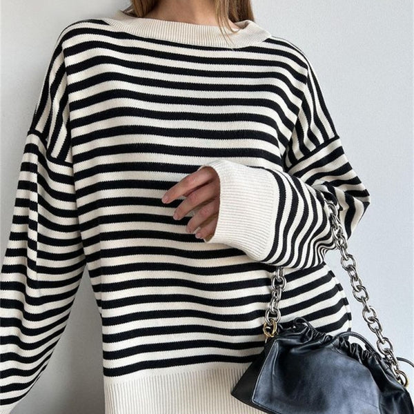 Women's O Neck Striped Sweater Pullovers Drop Shoulder Kintting Tops Casual Loose Long Sleeves Jumpers Autumn Winter For Female