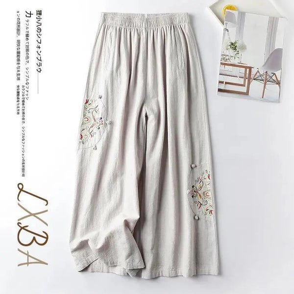 Cotton and linen casual pants women's plus size summer fashion retro embroidery thin section straight wide leg nine-point pants