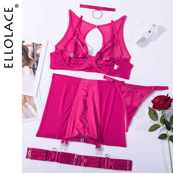 Ellolace Red Lingerie 5-Piece Fancy Underwear Sexy Women Uncensored Transparent Bra Garters Briefs Sets Bandage Sex Outfits