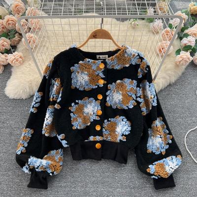 Gaganight Women Three dimensional Flower Long Sleeved Jacket Autumn Winter Color Contrast Retro All Match Loose Female Coat