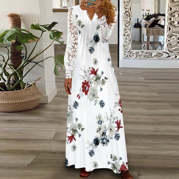 Spring Fashion Pattern Print Long Dress Casual Hollow Long Sleeve V-Neck Dress Commuter Loose Lace