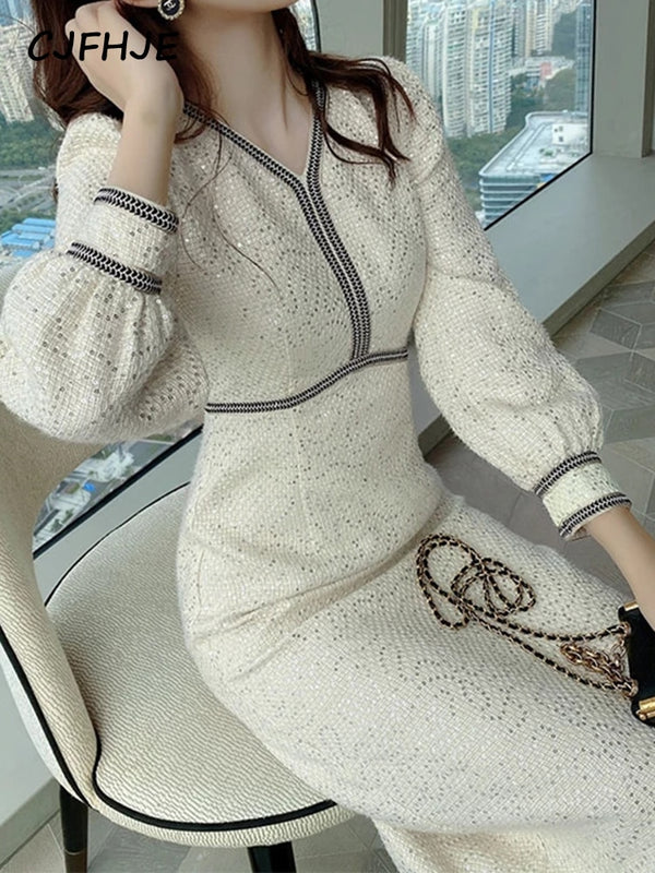 Party Temperament Slim Tweed Long Sleeved Woman Dress Vintage Sequins V-Neck Woolen Maxi Dresses for Women Vestidos Winter
