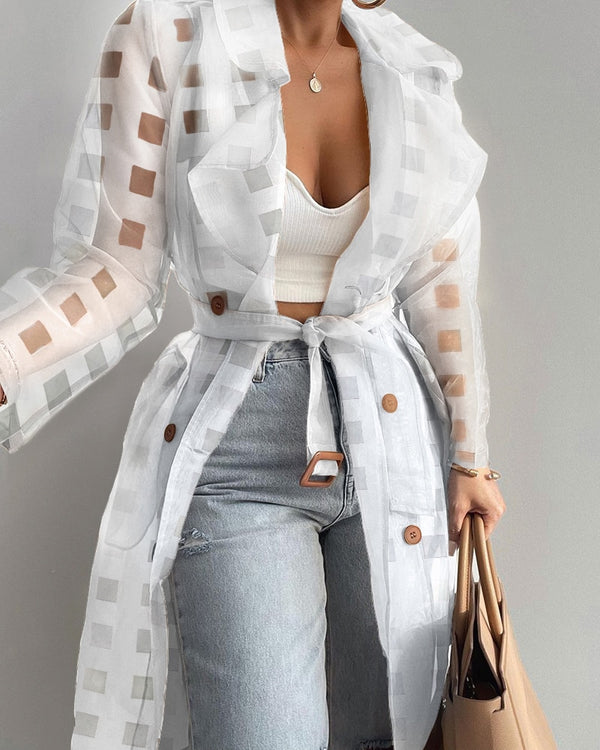 Women Fashion See Through Outdoor Tops Lace Up Spring Solid Sheer Mesh Long Sleeve Buttoned Coat With Belt Elegant Shirts
