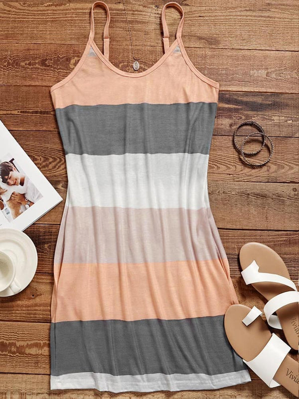Sleeveless Solid Slip Cami Dress Summer Casual Spaghetti Strap Color Block With Pockets
