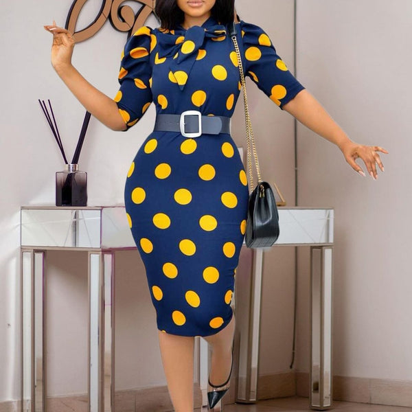 Elegant Office Dress Business Dot Printed High Waisted Short Sleeve Mid Calf Fashion Work Wear Cloth Dress OL