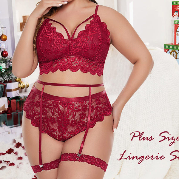 Plus Size Lingerie Set Floral Lace Bra Hollow Out Thong Garter Set Sexy Women Underwear Sex Costume Lenceria Mujer