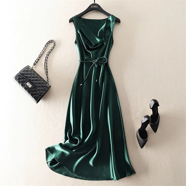 Summer new acetate satin swing collar long sleeveless dress slim fit solid color temperament sexy dress
