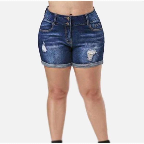 Plus Size Streetwear Push Up Slim Hip Cuffed Short Jeans Summer Women Ripped Casual Denim Shorts